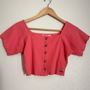 Roxy Coral Button-Up Ribbed Crop Top